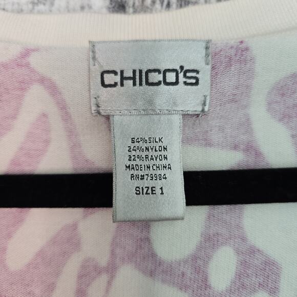 Chicos Cardigan Sweater Womens Size 1 Pink White Sequin Beaded Silk Blend V Neck - Picture 3 of 11